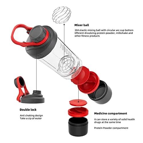 youcanplato 21oz Protein Shaker Bottle with Powder & Pill Storage | BPA Free Tritan, Red thumbnail 2