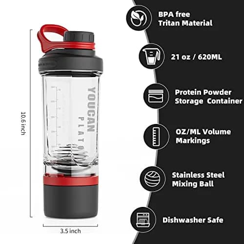 youcanplato 21oz Protein Shaker Bottle with Powder & Pill Storage | BPA Free Tritan, Red thumbnail 3