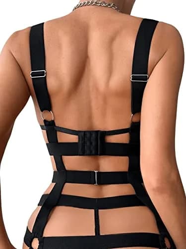 SOLY HUX 4 Piece Cutout Underwire Lingerie Set Bra and Panty with Leg Ring, Solid Black Small thumbnail 2