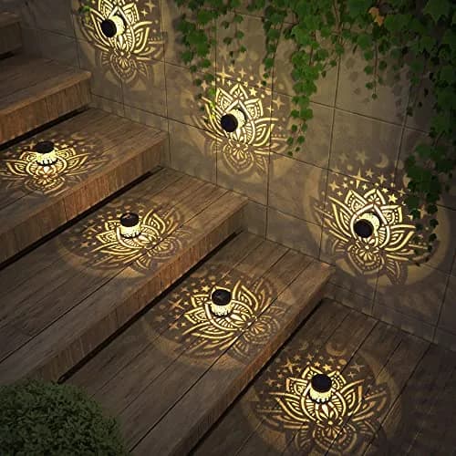 gardencave Lotus Solar Fence Lights 4 Pack Metal Waterproof Outdoor Decor | Decorative Lotus Pattern Lights for Garden Post Patio Backyard Yard thumbnail 4