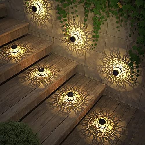 gardencave Sun Moon Solar Fence Lights 4 Pack (10 Lumens, Warm Yellow) | Decorative Outdoor Metal Lights for Garden, Patio, Yard thumbnail 4