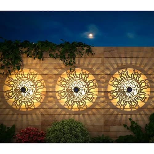 gardencave Sun Moon Solar Fence Lights 4 Pack (10 Lumens, Warm Yellow) | Decorative Outdoor Metal Lights for Garden, Patio, Yard thumbnail 2