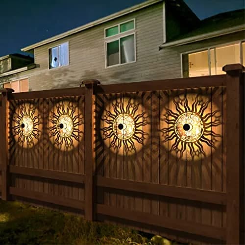 gardencave Sun Moon Solar Fence Lights 4 Pack (10 Lumens, Warm Yellow) | Decorative Outdoor Metal Lights for Garden, Patio, Yard thumbnail 3