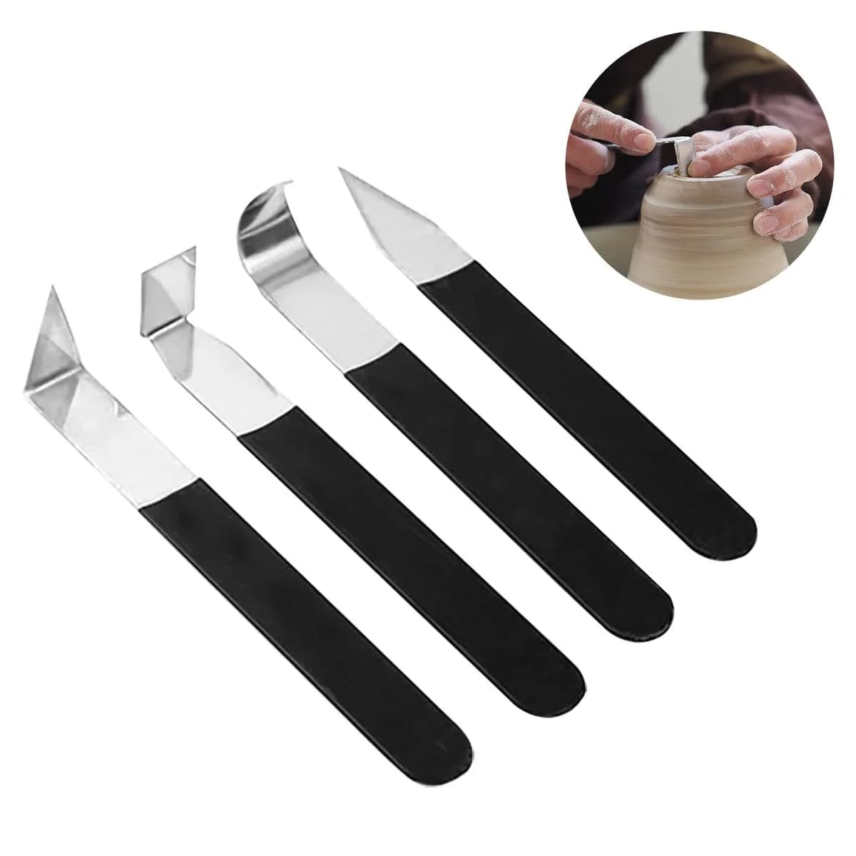Kukiwhy 4Pcs Pottery Clay Sculpture Carving Tools Set with Rubber Sleeve Handles | Stainless Steel Trimming Knives for Hand-Made Clay Art Craft Modelling - main product image