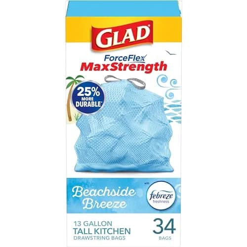 Glad Tall Kitchen Trash Bags 13 Gallon, MaxStrength Beachside Breeze Drawstring, 34 Count | Strong & Scented for Indian Homes thumbnail 1