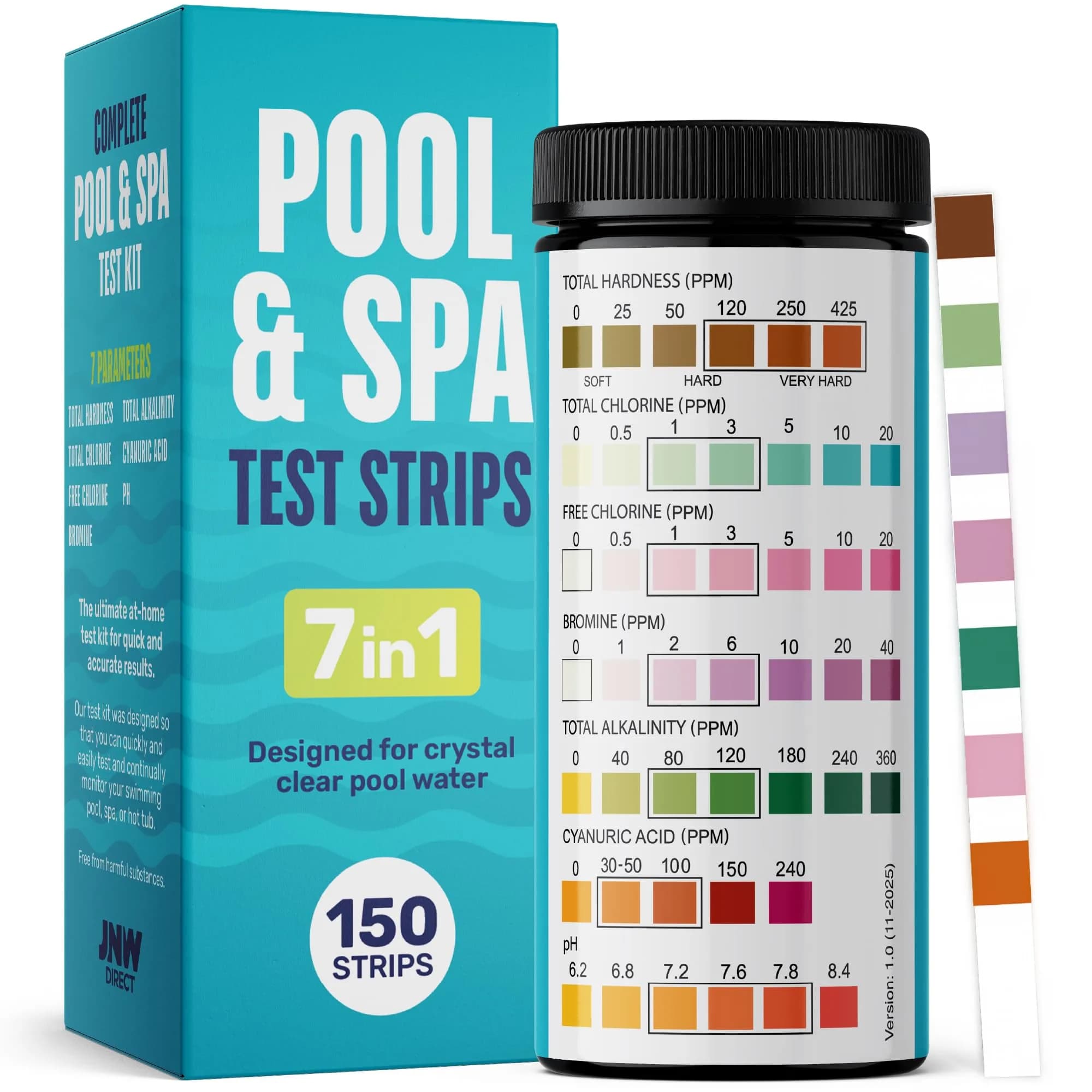 JNW Direct Pool Test Strips 150 Pack | 7-in-1 Water Test for Pools & Spas — 150 STRIPS - 7 IN 1 POOL TEST STRIPS