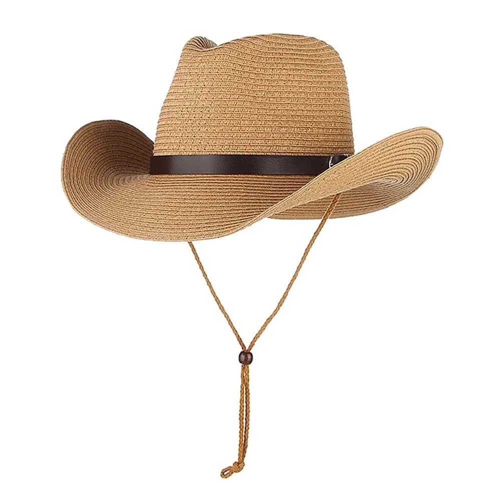 Ibluelover Straw Cowboy Hat for Women & Men, Foldable Sun Hat with Wide Brim & Adjustable Chin Strap | Khaki