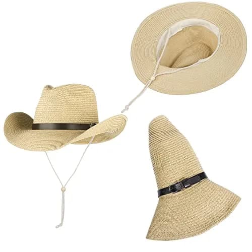 Ibluelover Straw Cowboy Hat for Men & Women | 32cm (12.6'') Diameter, Beige thumbnail 4