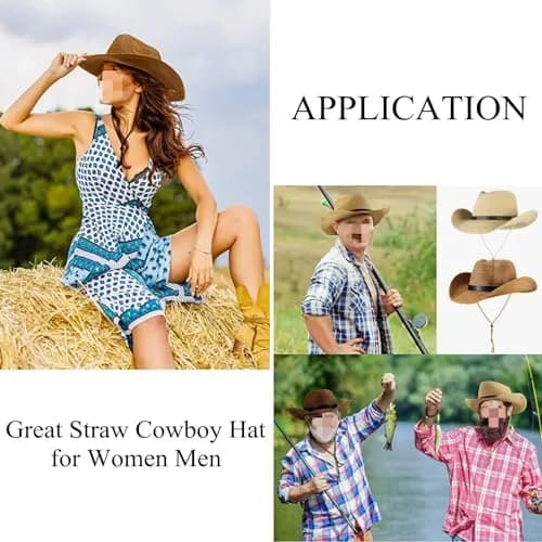 Ibluelover Straw Cowboy Hat for Men & Women | 32cm (12.6'') Diameter, Beige thumbnail 6