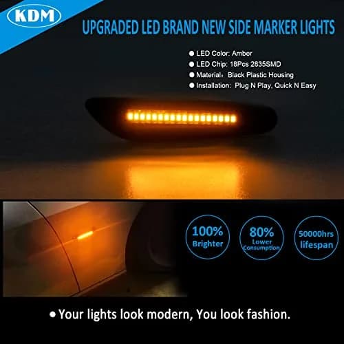 KDM Smoked Lens Amber LED Side Marker Lights Pair for BMW E90 E91 E92 E93 E81 E82 E87 E88 E84 X1 E83 X3 12V thumbnail 2
