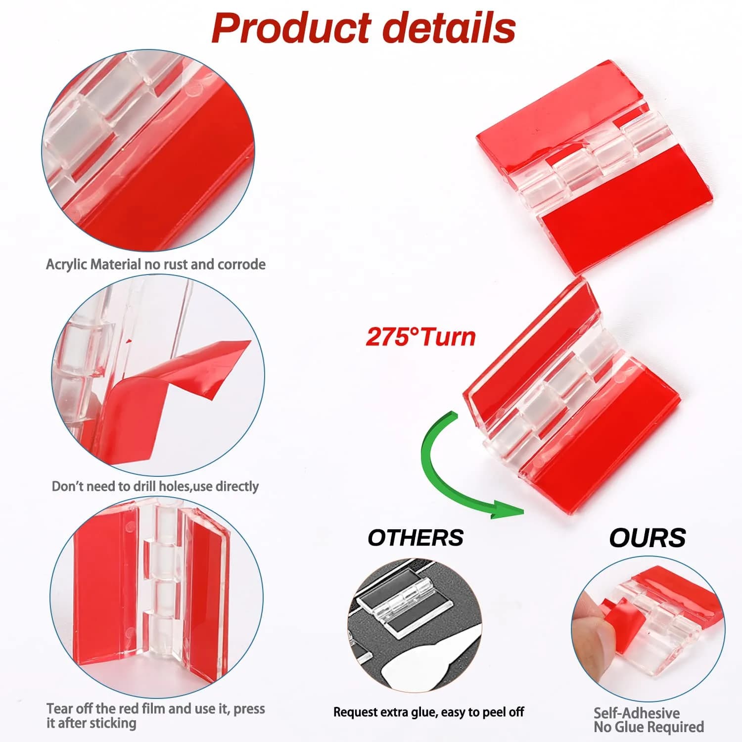 Sliverdew 35x25 mm Transparent Acrylic Piano Hinges (4-Pack) - Self-Adhesive Cabinet Hinges - view 3