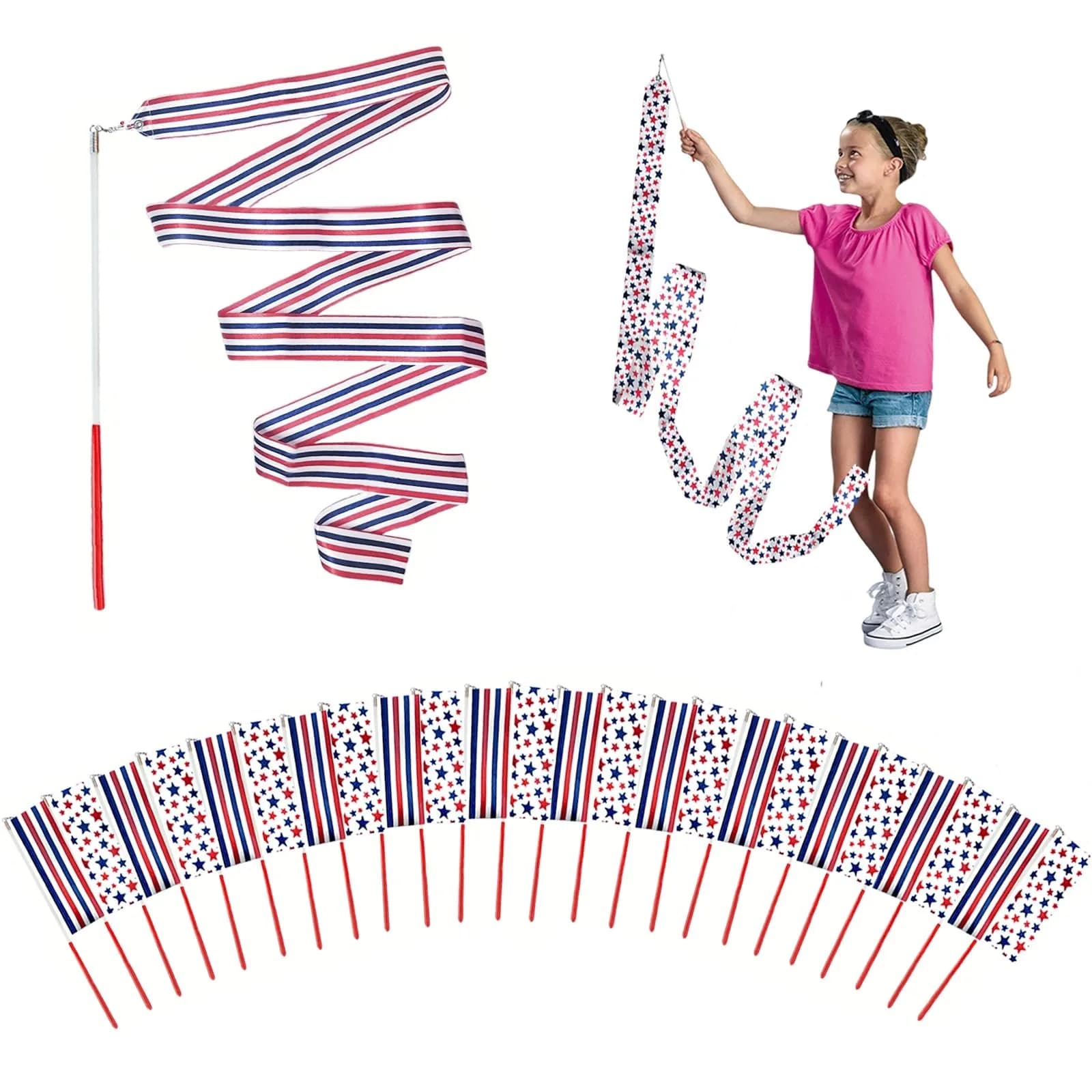 YANMIN 4th of July Party Favors 24pcs Dance Ribbon Wand for Kids 4-12 | Bright, Reusable & Safe for Indoor & Outdoor Celebrations