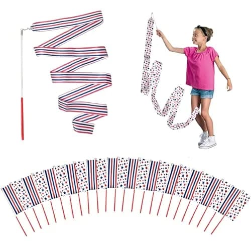 YANMIN 4th of July Party Favors 24pcs Dance Ribbon Wand for Kids 4-12 | Bright, Reusable & Safe for Indoor & Outdoor Celebrations thumbnail 1