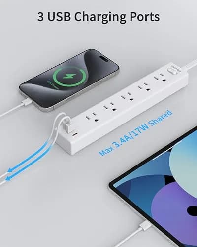 HOPOW Surge Protector Power Strip 1700J 6ft | 5 AC Outlets, 2 USB-C, 1 USB-A Ports, Flat Plug, Wall Mount White thumbnail 6
