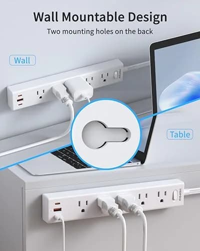 HOPOW Surge Protector Power Strip 1700J 6ft | 5 AC Outlets, 2 USB-C, 1 USB-A Ports, Flat Plug, Wall Mount White thumbnail 7