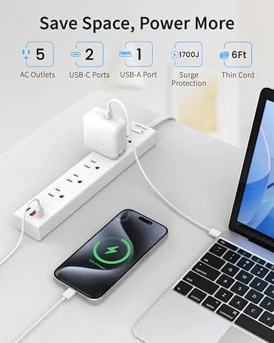 HOPOW Surge Protector Power Strip 1700J 6ft | 5 AC Outlets, 2 USB-C, 1 USB-A Ports, Flat Plug, Wall Mount White thumbnail 3