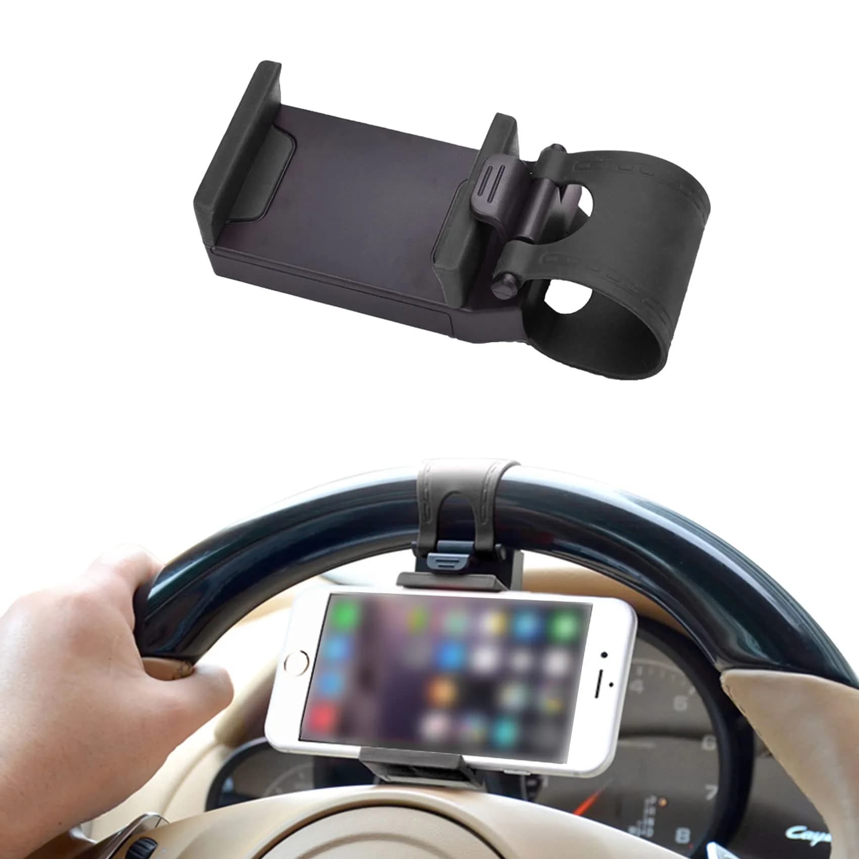 HAOBO Red Steering Wheel Phone Mount | Portable Electronic Device Mount for iPhone & Samsung (8cm x 4cm x 2.5cm) — Black