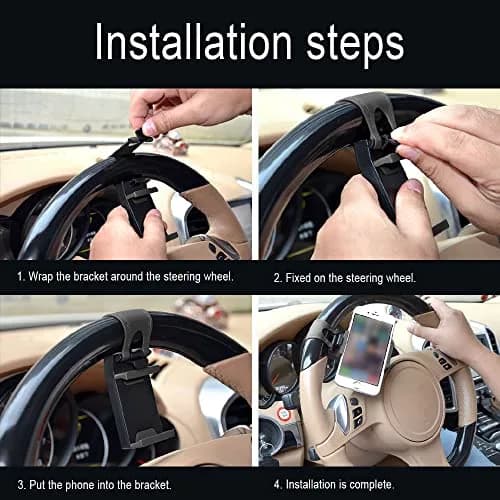 HAOBO Car Phone Holder - Adjustable Car Cradle, Steering Wheel Phone Mount, Universal Mobile Phone Mount, Hands Free Automobile Cell Phone Holder for Most Steering Wheels (Black) thumbnail 6