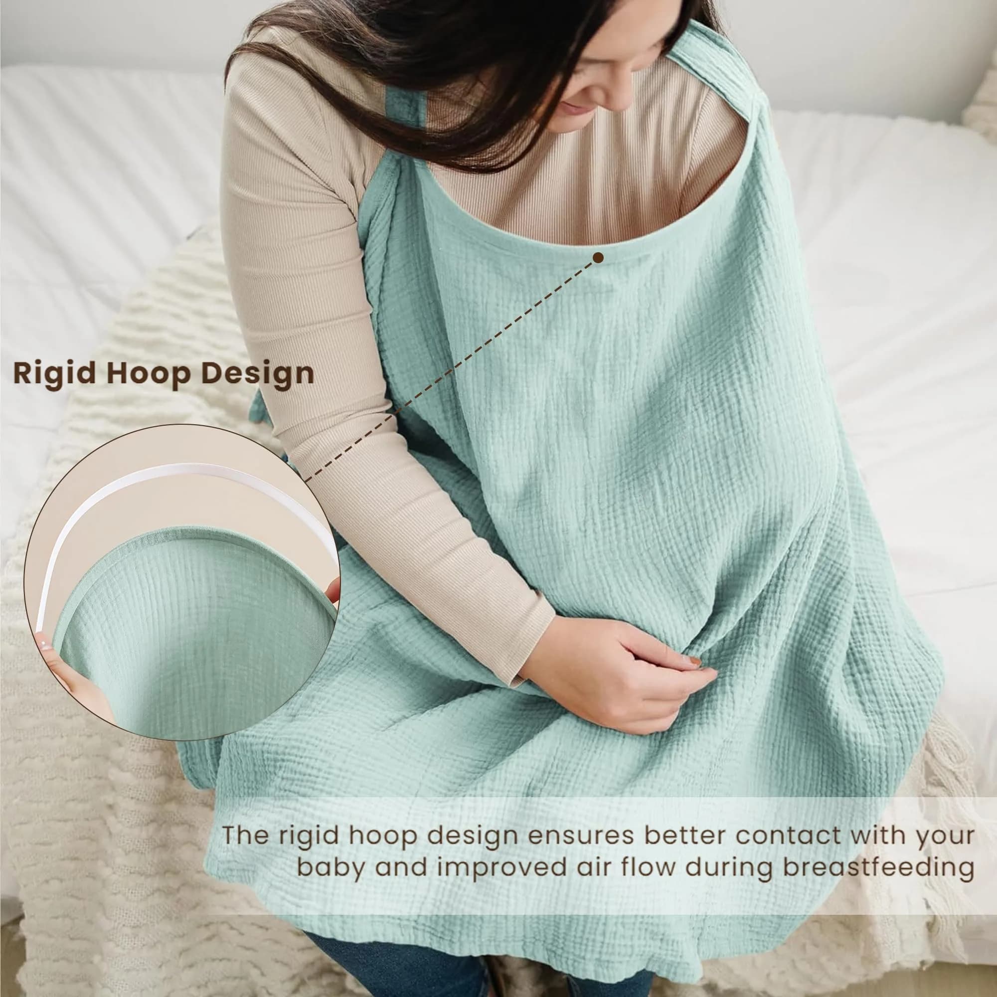 Konssy Muslin Nursing Cover Up for Breastfeeding with Rigid Hoop - Green, 100% Cotton (Muslin) - view 3