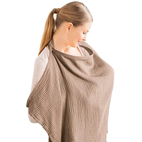 Konssy Muslin Nursing Cover Up for Breastfeeding with Rigid Hoop, 100% Cotton (Brown) | Breathable & Skin-Friendly for Moms & Babies — Brown
