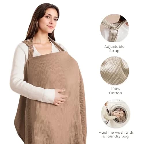 Konssy Muslin Nursing Cover Up for Breastfeeding with Rigid Hoop, 100% Cotton (Brown) | Breathable & Skin-Friendly for Moms & Babies thumbnail 2