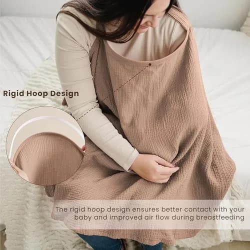 Konssy Muslin Nursing Cover Up for Breastfeeding with Rigid Hoop, 100% Cotton (Brown) | Breathable & Skin-Friendly for Moms & Babies thumbnail 3