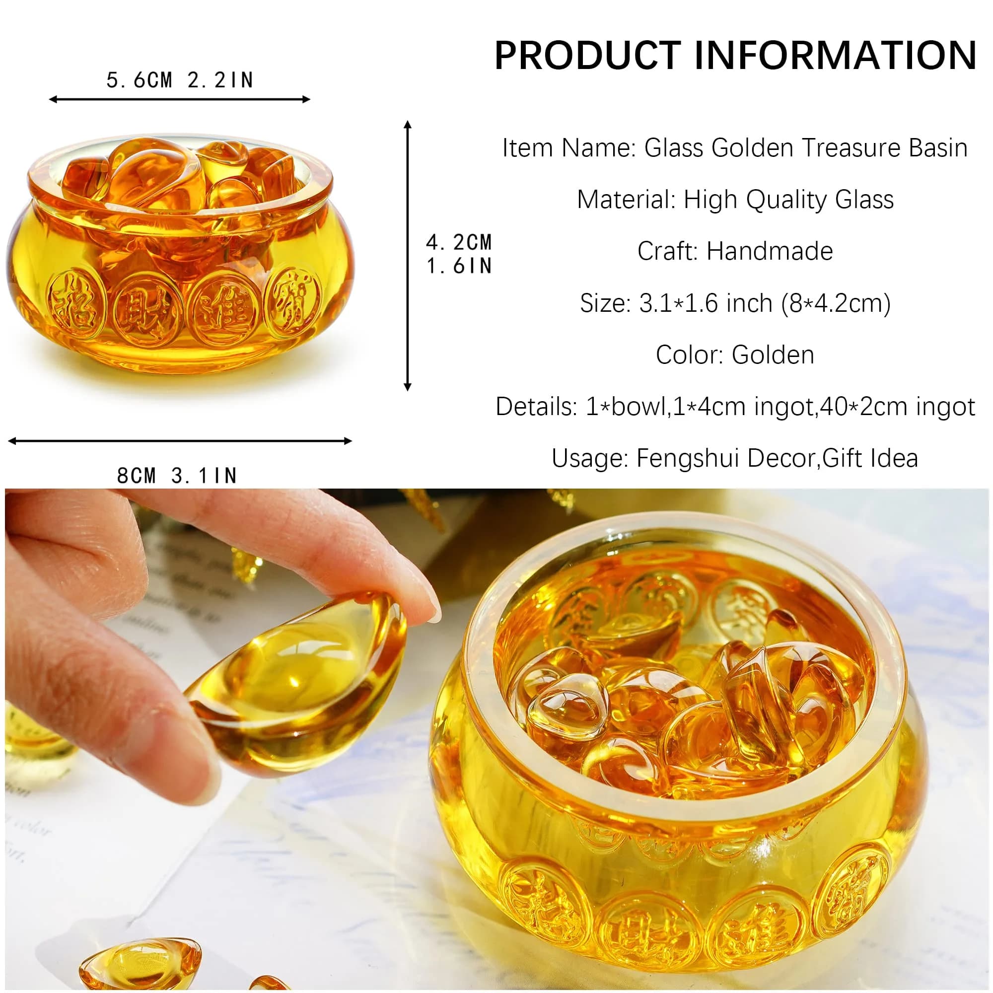 YU FENG Crystal Wealth Bowl with 41 Gold Ingots | Decorative Accent Piece for Prosperity - view 2
