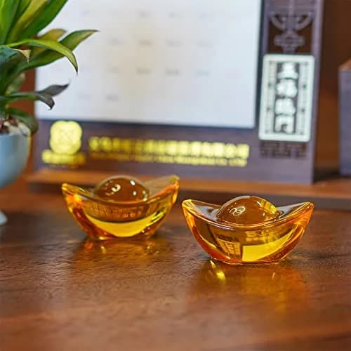 YU FENG Crystal Yuan Bao Figurines 7.62 cm (3 Inch) | Golden Ingot Decor for Wealth & Abundance thumbnail 7