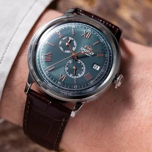 Orient Bambino RN-AK0703E Automatic Watch, Green Dial, 40.5mm Stainless Steel Case, Brown Calf Strap thumbnail 5