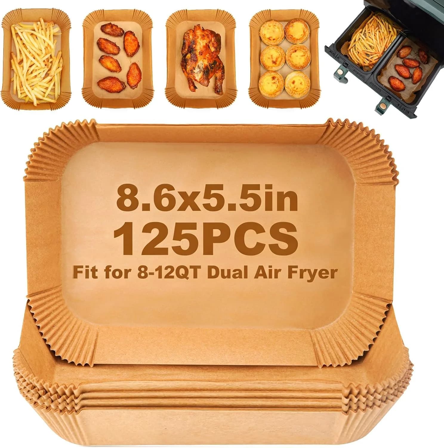 ctizne Air Fryer Disposable Paper Liners 125Pcs Rectangle 8.6x5.5" | Waterproof, Non-stick, for Dual Basket
