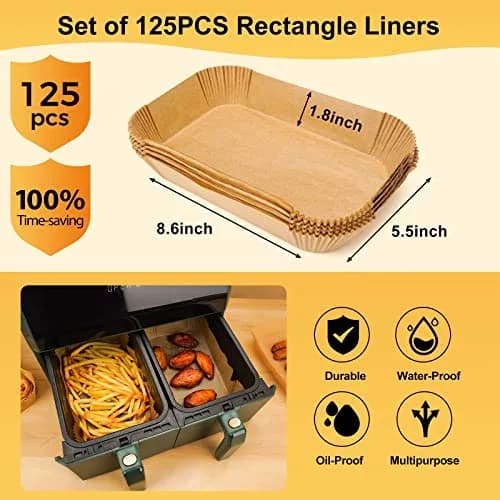 ctizne Air Fryer Disposable Paper Liners 125Pcs Rectangle 8.6x5.5" | Waterproof, Non-stick, for Dual Basket thumbnail 2