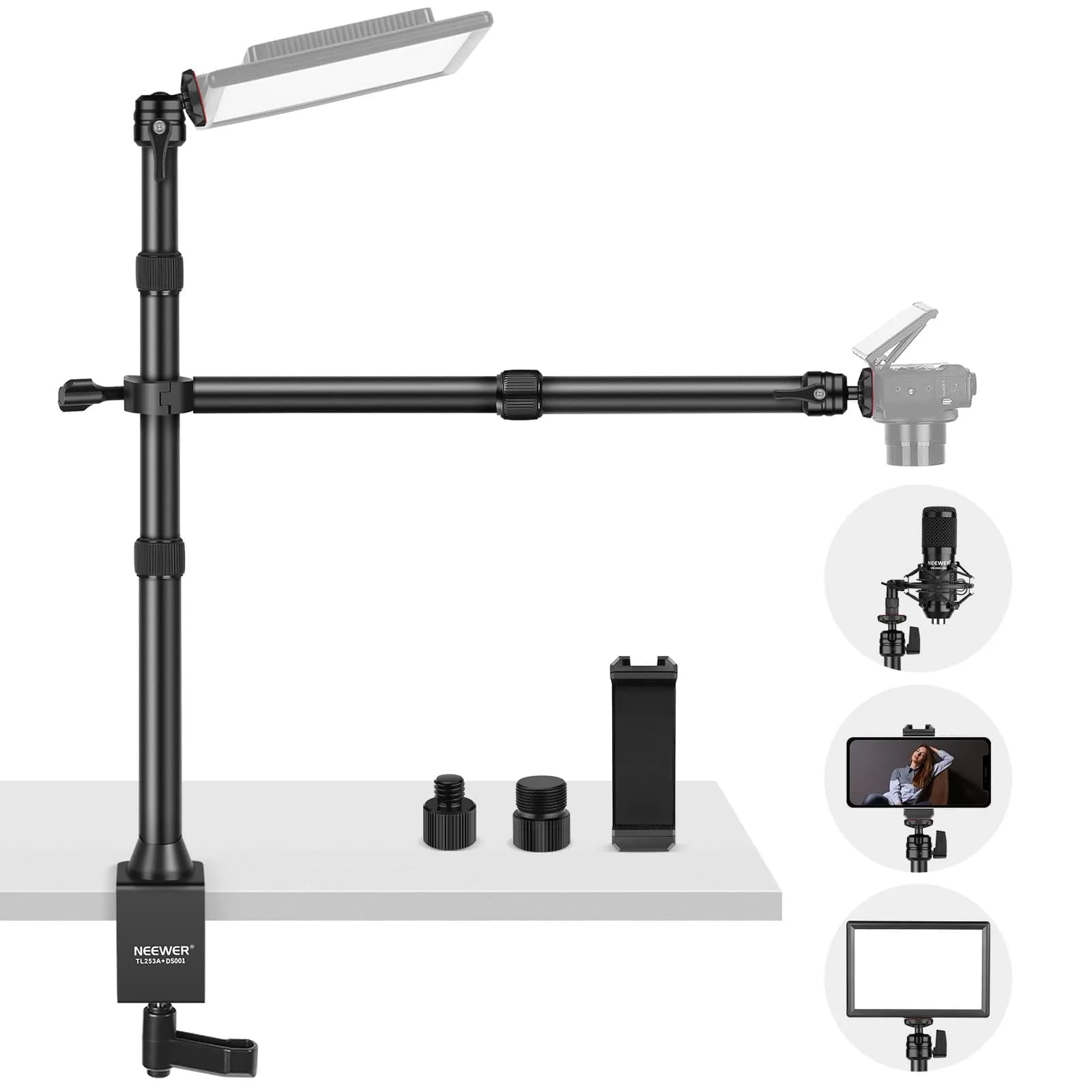 NEEWER TL253A+DS001 Table Camera Tripod with 2 Telescopic Arms & Phone Holder, 120cm (47") Light Stand | Versatile Studio Mount for Content Creation - main product image