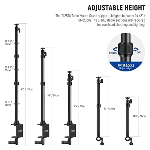 NEEWER TL253A+DS001 Table Camera Tripod with 2 Telescopic Arms & Phone Holder, 120cm (47") Light Stand | Versatile Studio Mount for Content Creation thumbnail 2