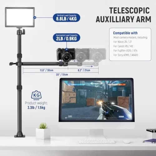 NEEWER TL253A+DS001 Table Camera Tripod with 2 Telescopic Arms & Phone Holder, 120cm (47") Light Stand | Versatile Studio Mount for Content Creation thumbnail 3