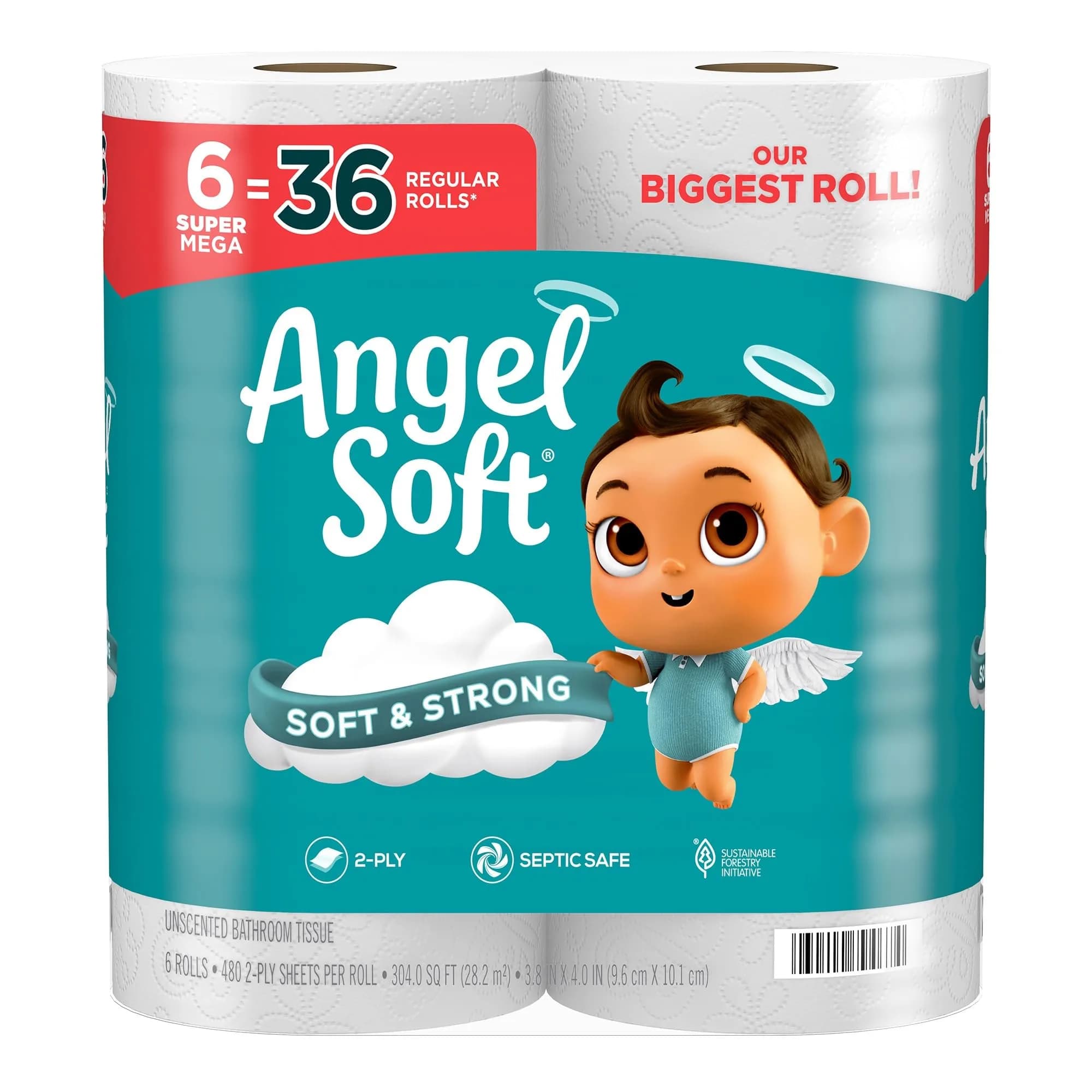 Angel Soft Toilet Paper Mega Rolls | Soft, Strong, Value Pack (6 Super Mega Rolls) - main product image
