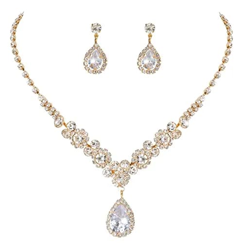 COCIDE Bride Jewelry Set Silver Crystal Wedding Necklace Earrings Bridal Rhinestone Teardrop Pendant 45cm (17.71in) | Elegant Bridal Accessory thumbnail 1
