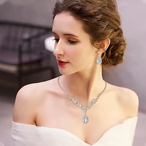 COCIDE Bride Jewelry Set Silver Crystal Wedding Necklace Earrings Bridal Rhinestone Teardrop Pendant 45cm (17.71in) | Elegant Bridal Accessory thumbnail 7