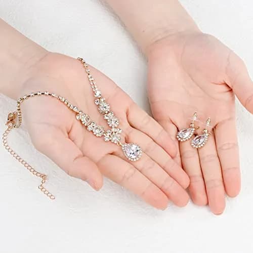 COCIDE Bride Jewelry Set Silver Crystal Wedding Necklace Earrings Bridal Rhinestone Teardrop Pendant 45cm (17.71in) | Elegant Bridal Accessory thumbnail 2