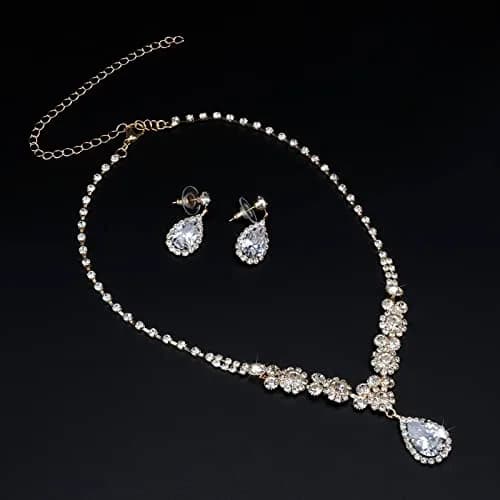 COCIDE Bride Jewelry Set Silver Crystal Wedding Necklace Earrings Bridal Rhinestone Teardrop Pendant 45cm (17.71in) | Elegant Bridal Accessory thumbnail 3