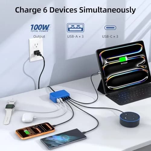 BOVICAS 100W 6 in 1 USB Charger | Fast Charging Multiport Station for Multiple Devices thumbnail 3