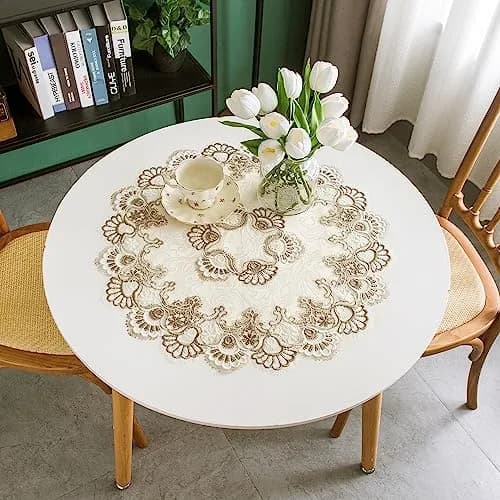 mylacerhome Lace Round Tablecloth Doily 60 cm (24 inch) | Elegant Embroidery for Parties & Tables — Stone