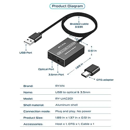 RYXN USB to Optical & 3.5mm Audio Converter with OTG Adapter | 192kHz/24-bit Digital to Analog Audio thumbnail 7
