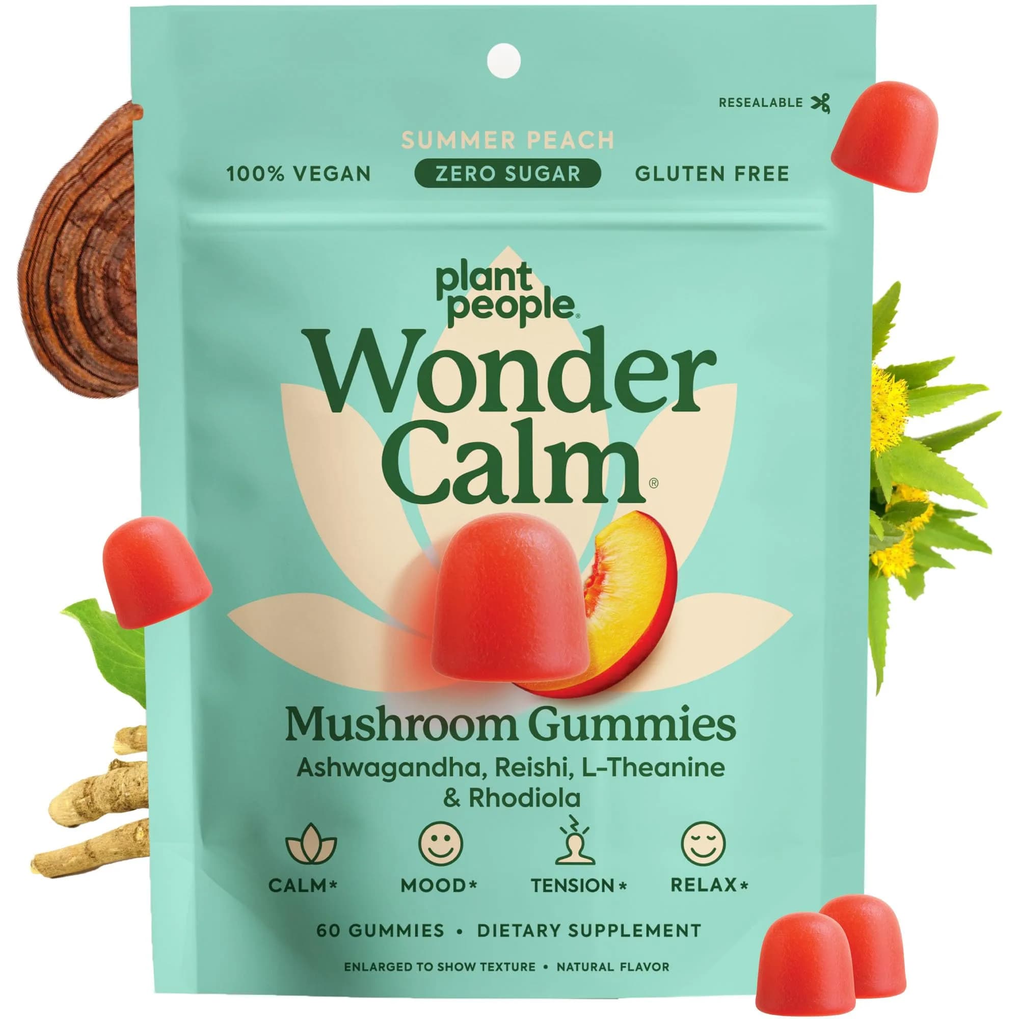 Plant People WonderCalm Mushroom & Ashwagandha Gummies, Peach Flavor 60ct | Support Calm & Well-Being — Gummy