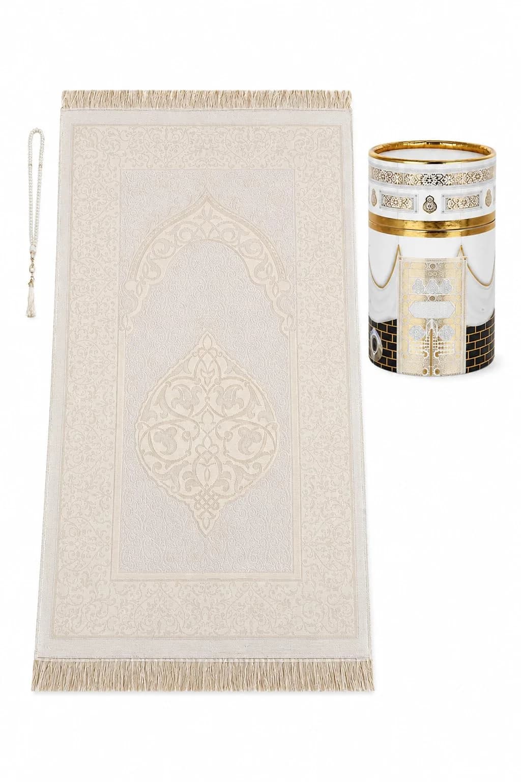 ihvan online White/Mod2 Prayer Rug with Beads - 117cm x 71cm | Soft Taffeta Islamic Janamaz - main product image