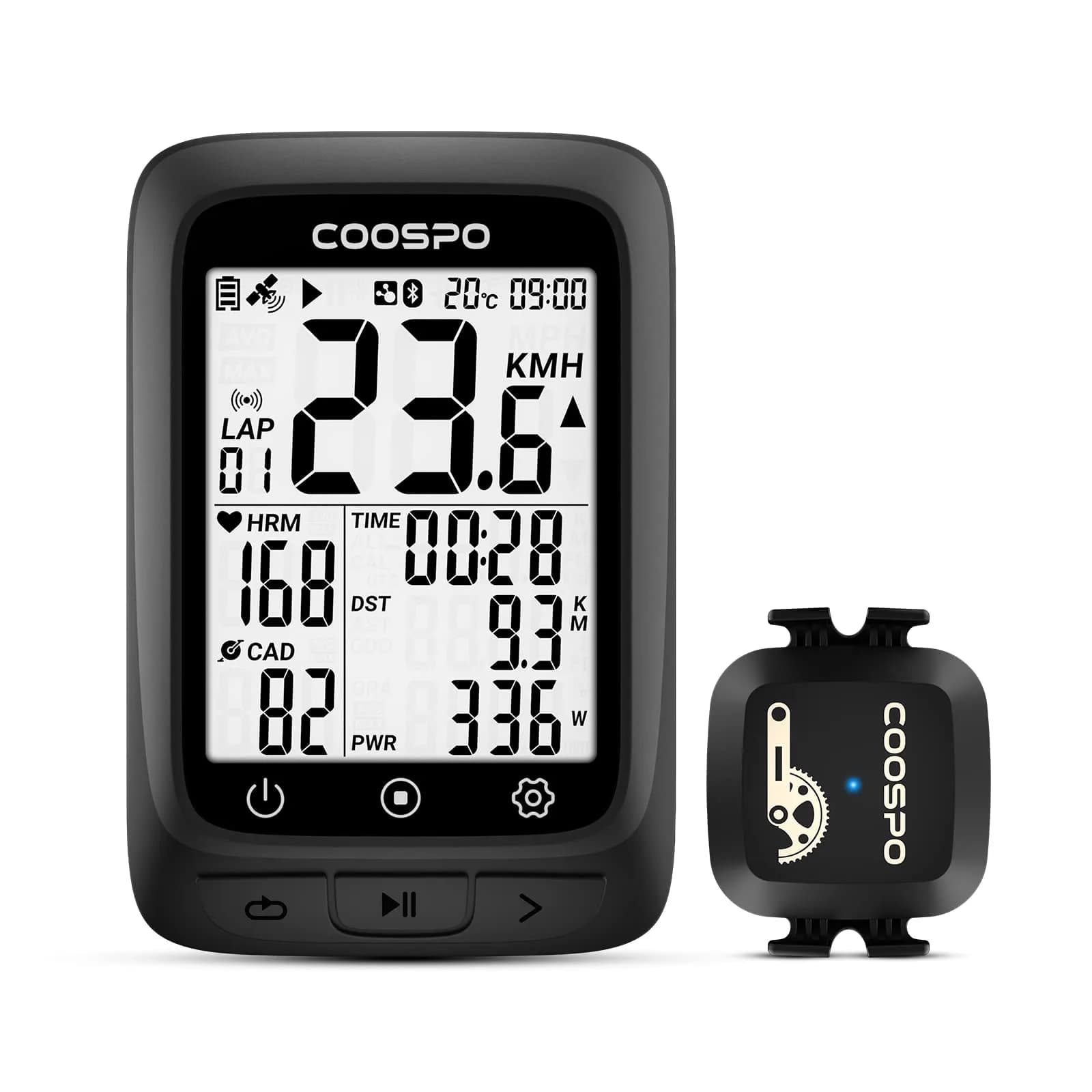 COOSPO GPS Cycling Computer BC107 & Bike Cadence/Speed Sensor BK467 | 2.4 Inch Auto-Backlight Display, Bluetooth/ANT+ — BC107+BK467