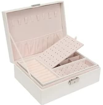 NOSCOMP Faux Leather Jewelry Organizer Box with Velvet Lining | Portable Case for Rings, Necklaces, Earrings, Bracelets (White, 23x17x9 cm) - main product image