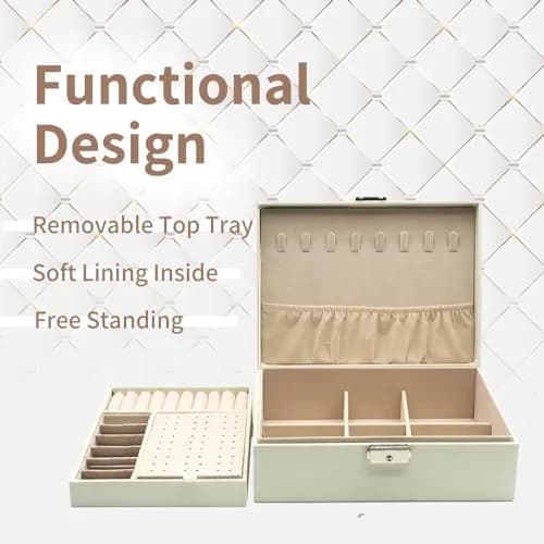 NOSCOMP Faux Leather Jewelry Organizer Box with Velvet Lining | Portable Case for Rings, Necklaces, Earrings, Bracelets (White, 23x17x9 cm) thumbnail 4