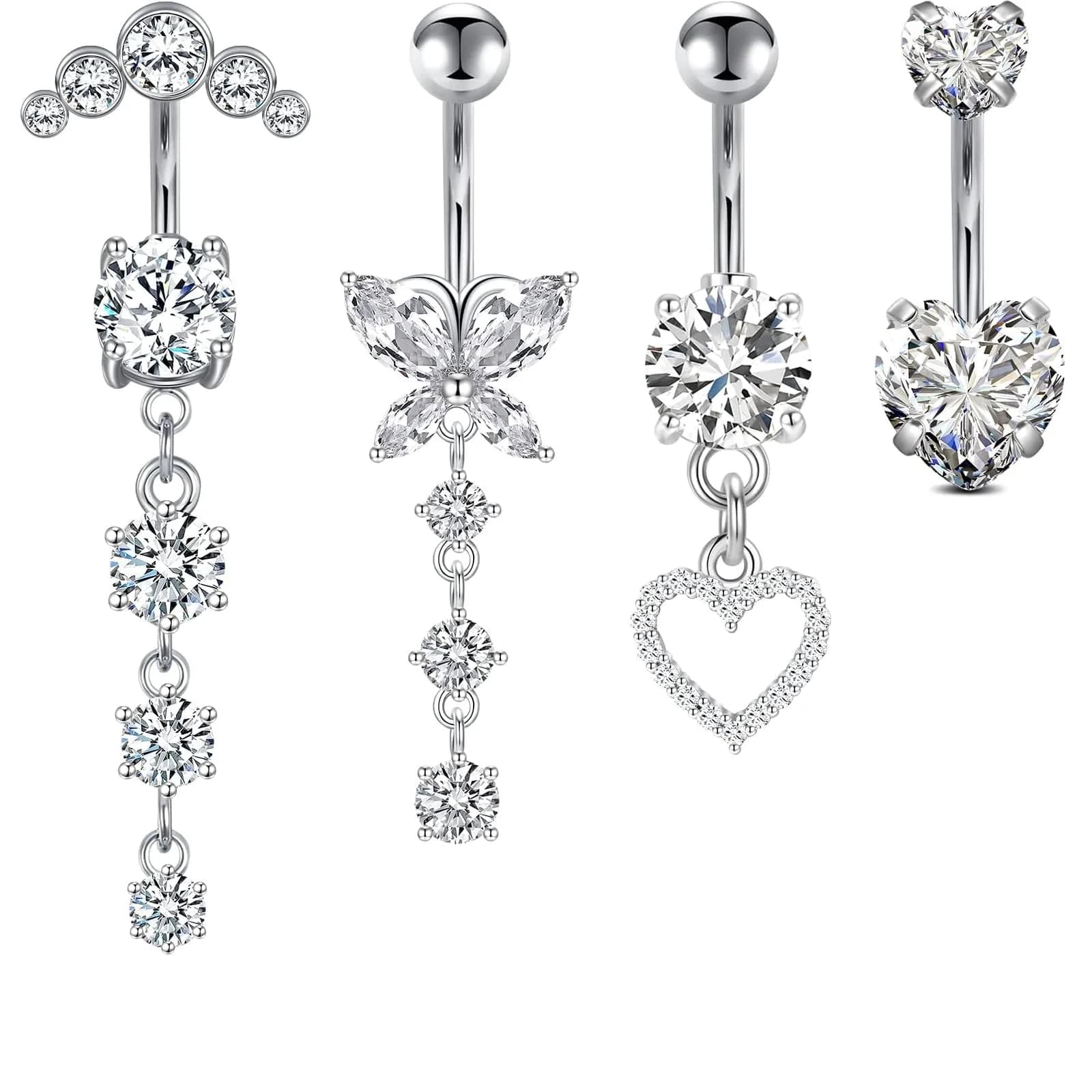 LAURITAMI 14G Belly Button Ring Set 4 Pcs | Silver Tone CZ Butterfly & Heart Designs for Summer