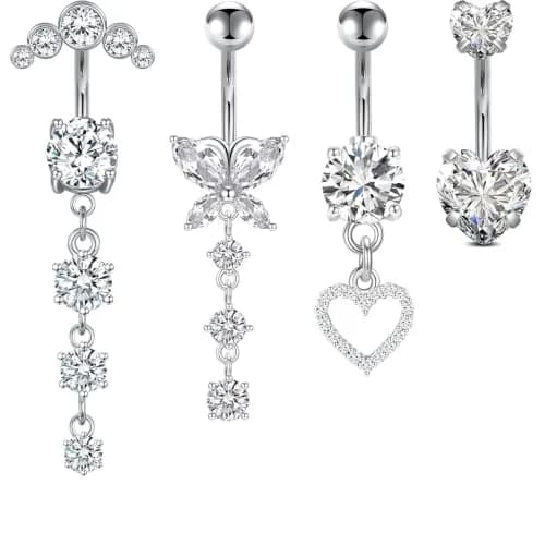LAURITAMI 14G Belly Button Ring Set 4 Pcs | Silver Tone CZ Butterfly & Heart Designs for Summer thumbnail 1