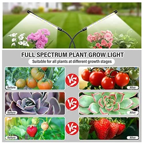 bseah Full Spectrum LED Grow Light for Indoor Plants, 2-Head 2-Pack with Timer & Dimmable, 10-Level Brightness, E27 Base thumbnail 3